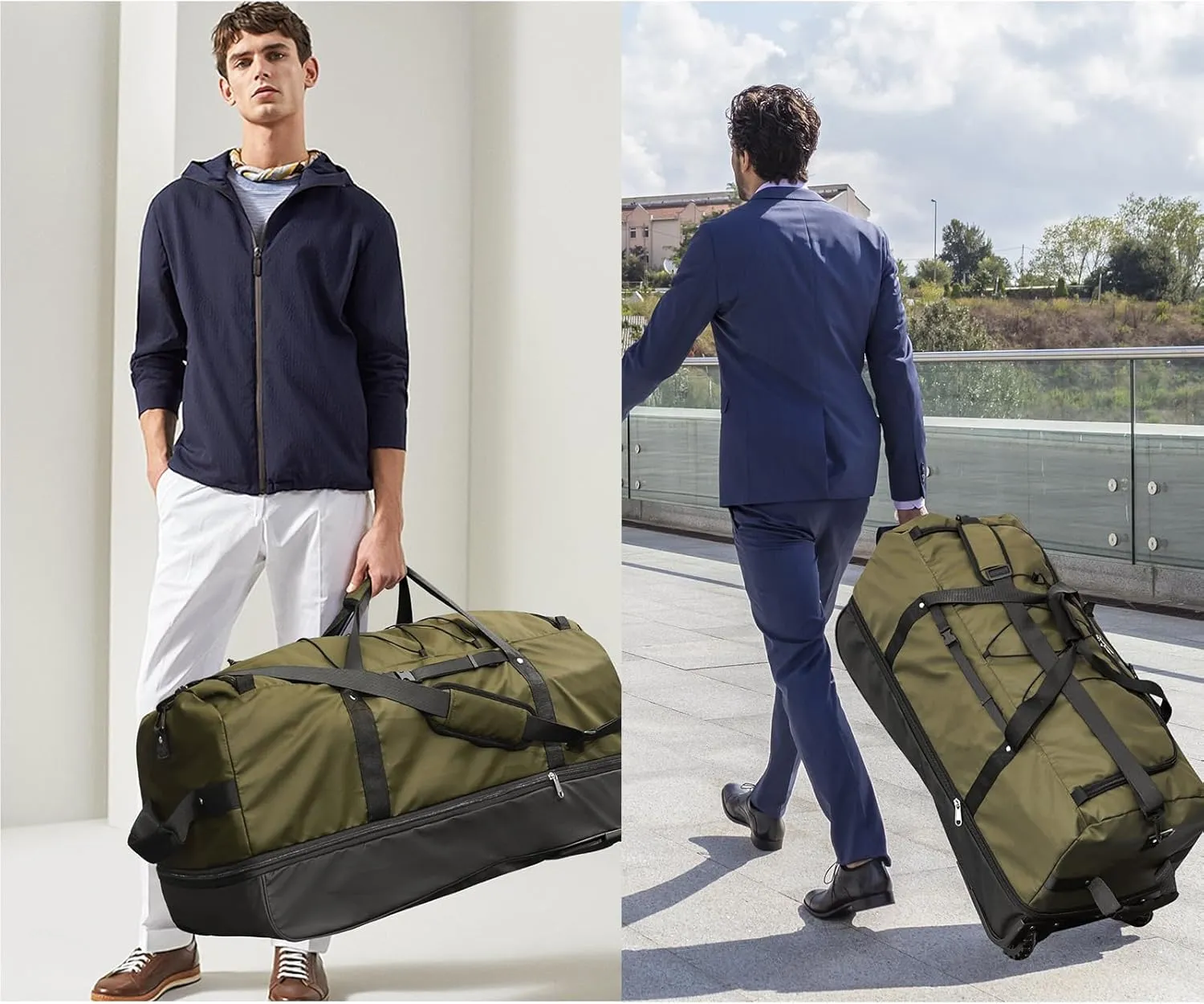 110L/140L Expandable Soft-Sided Foldable Duffle Bag with 2 Rubber Wheels,Packable 32 Rolling Carry-On with Multi-Pockets & Compartments,Army Green