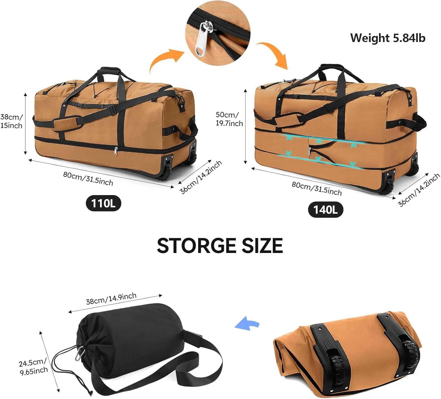 110L/140L Expandable Soft-Sided Foldable Duffle Bag with 2 Rubber Wheels,Packable 32 Rolling Carry-On with Multi-Pockets & Compartments,Coffee