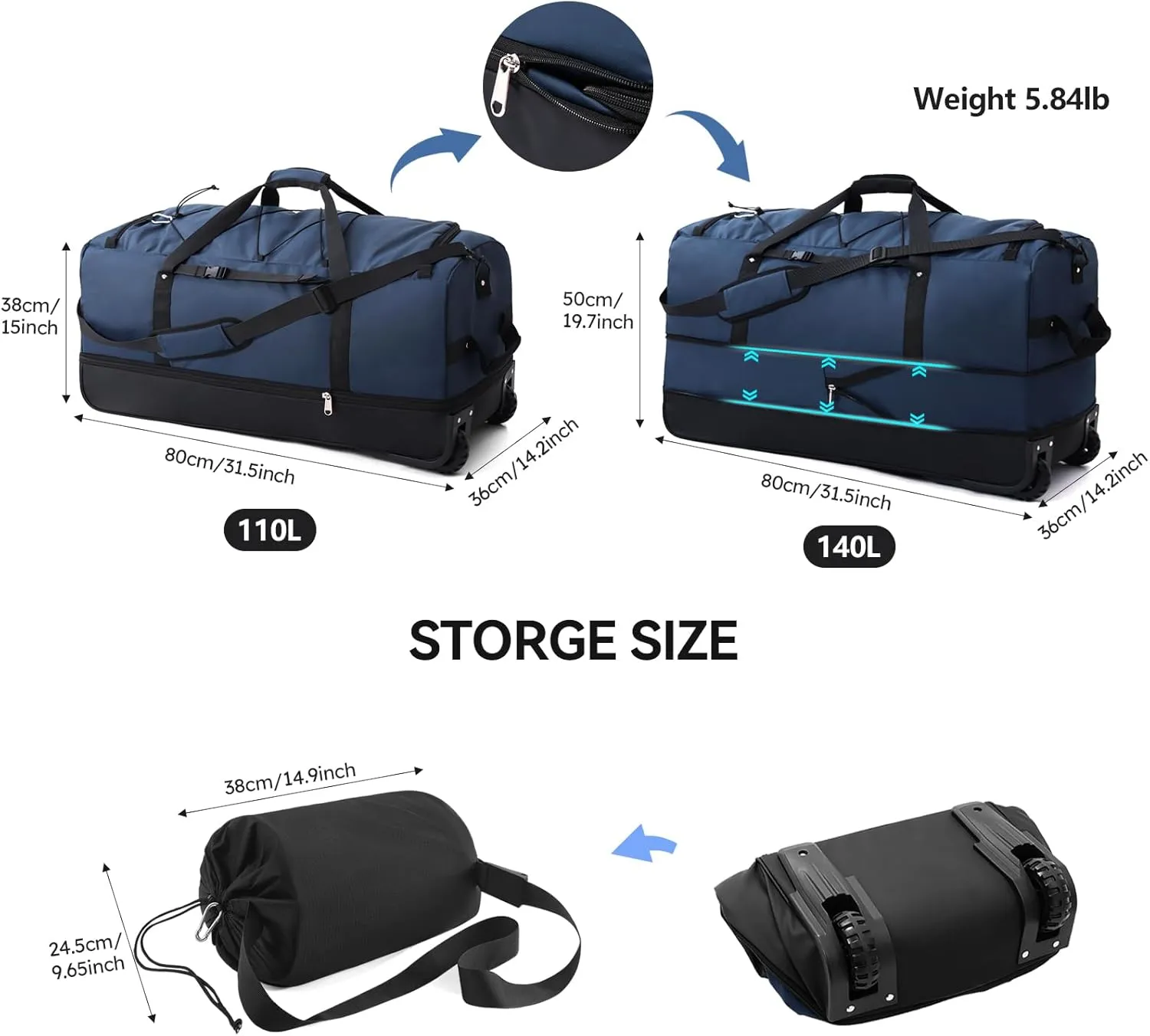 110L/140L Expandable Soft-Sided Foldable Duffle Bag with 2 Rubber Wheels,Packable 32 Rolling Carry-On with Multi-Pockets & Compartments,Navy Blue