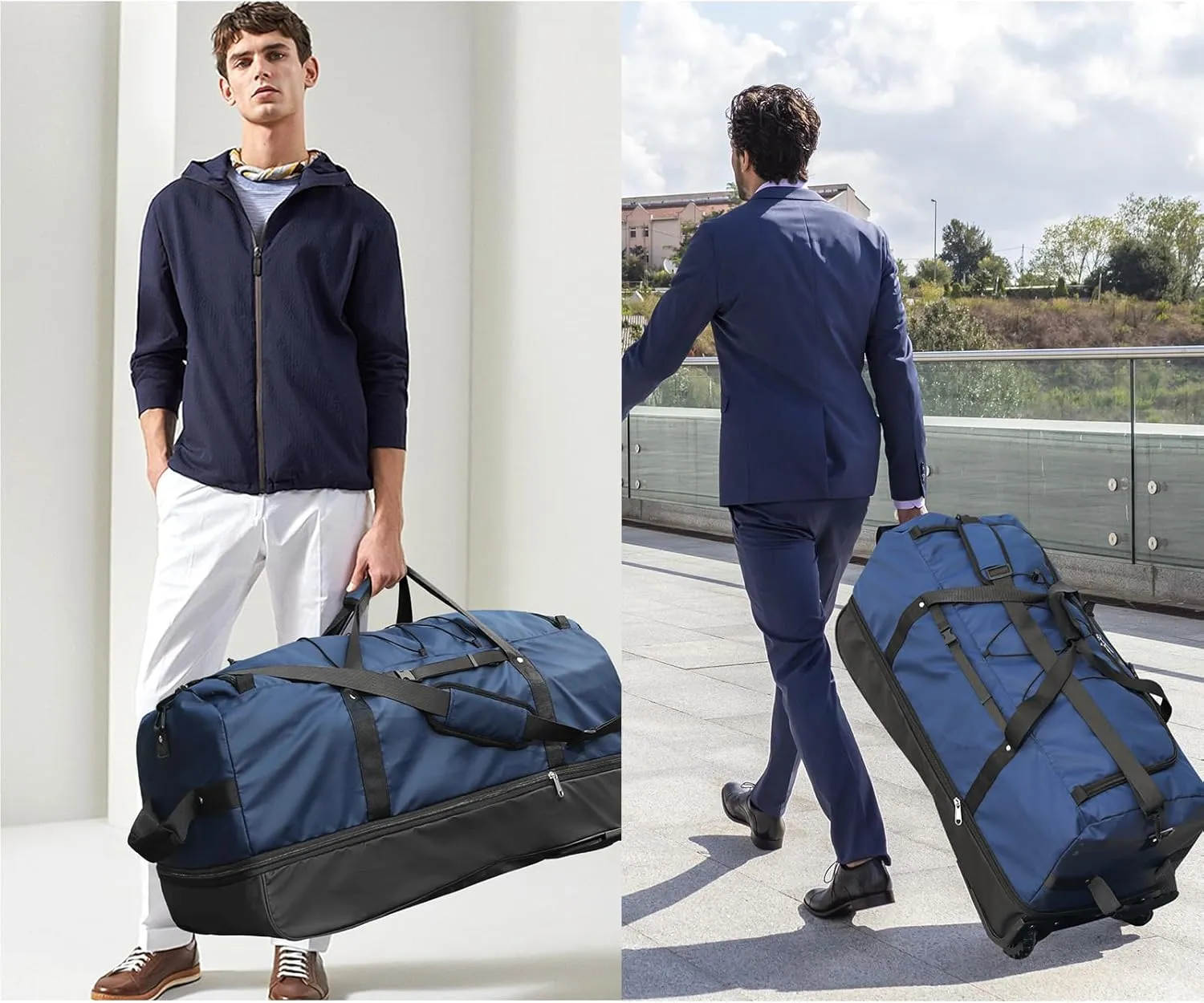 110L/140L Expandable Soft-Sided Foldable Duffle Bag with 2 Rubber Wheels,Packable 32 Rolling Carry-On with Multi-Pockets & Compartments,Navy Blue