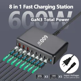 140W PD3.1 GaN3 Charging Station 600W Total Power,8-Port USB-C Fast Charger for MacBook/iPhone/Samsung,Ultra-Compact Desktop Charger with Stand & Travel Pouch,5xType-C 3xUSB Ports for Home/Dorm/Office