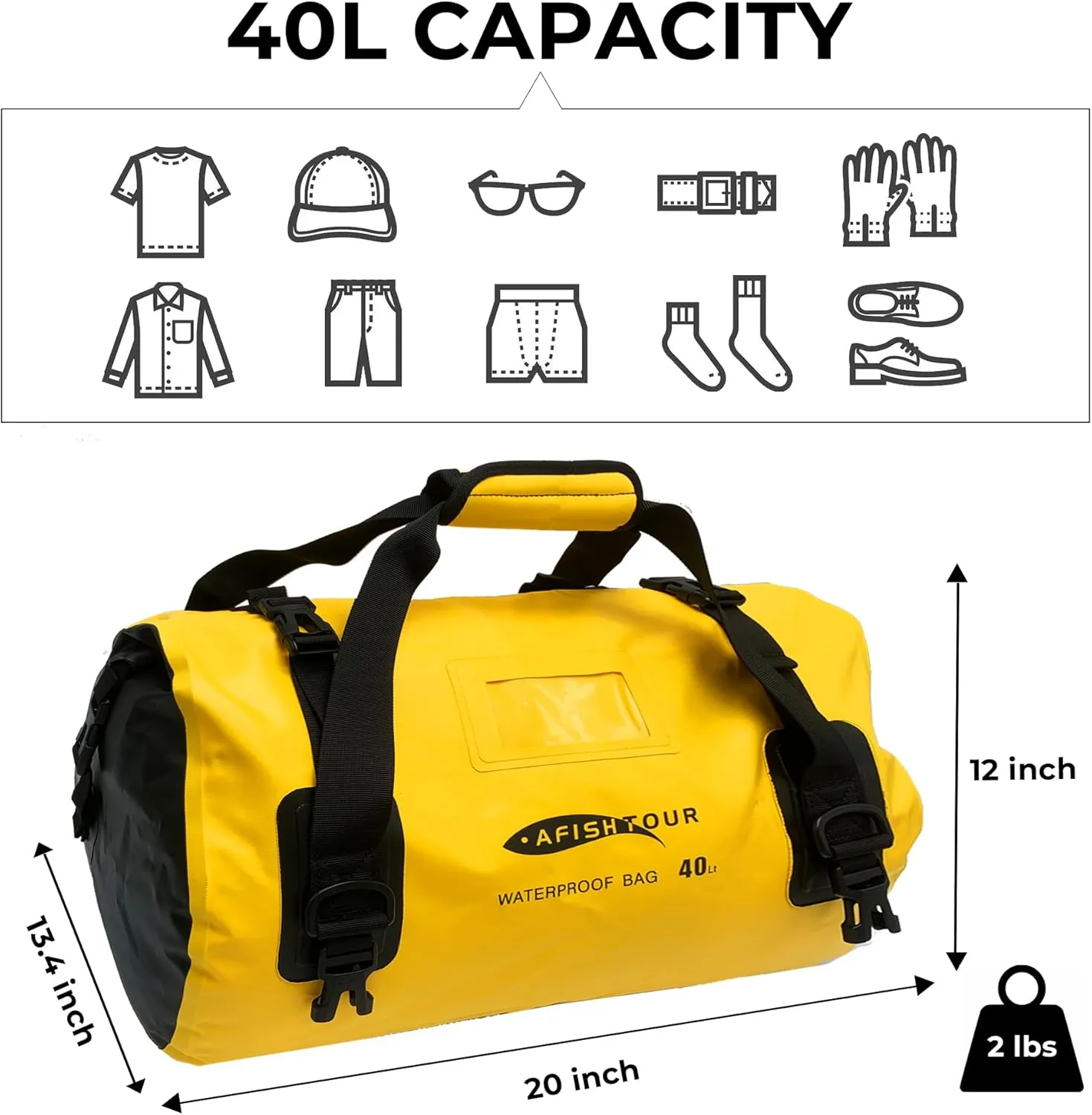 40L Waterproof Motorcycle Duffel Bag - Motorcycle Luggage Tail Bag with Straps for Back Seat - Roll Top Dry Bag for Kayaking, Rafting, Boating, Camping, Travel, Beach (Yellow)