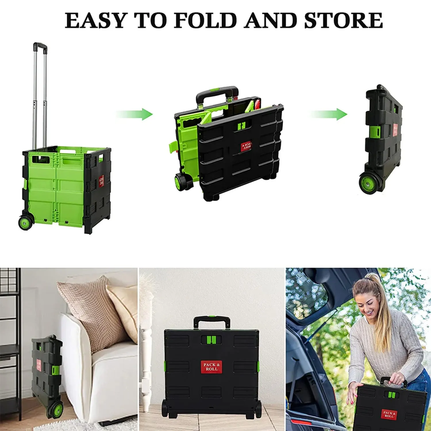 56L Collapsible Rolling Crate Utility Cart Foldable Grocery Cart with Wheels, Green