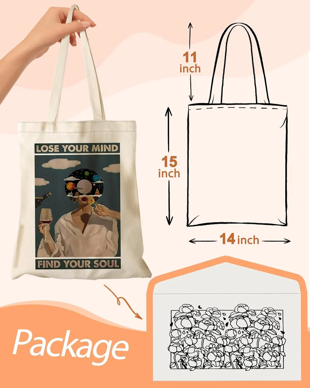 Aesthetic Canvas Tote Bag with Inner Pocket for Women, Cloth Cotton Totes Bag with Pattern for Shopping, Gym