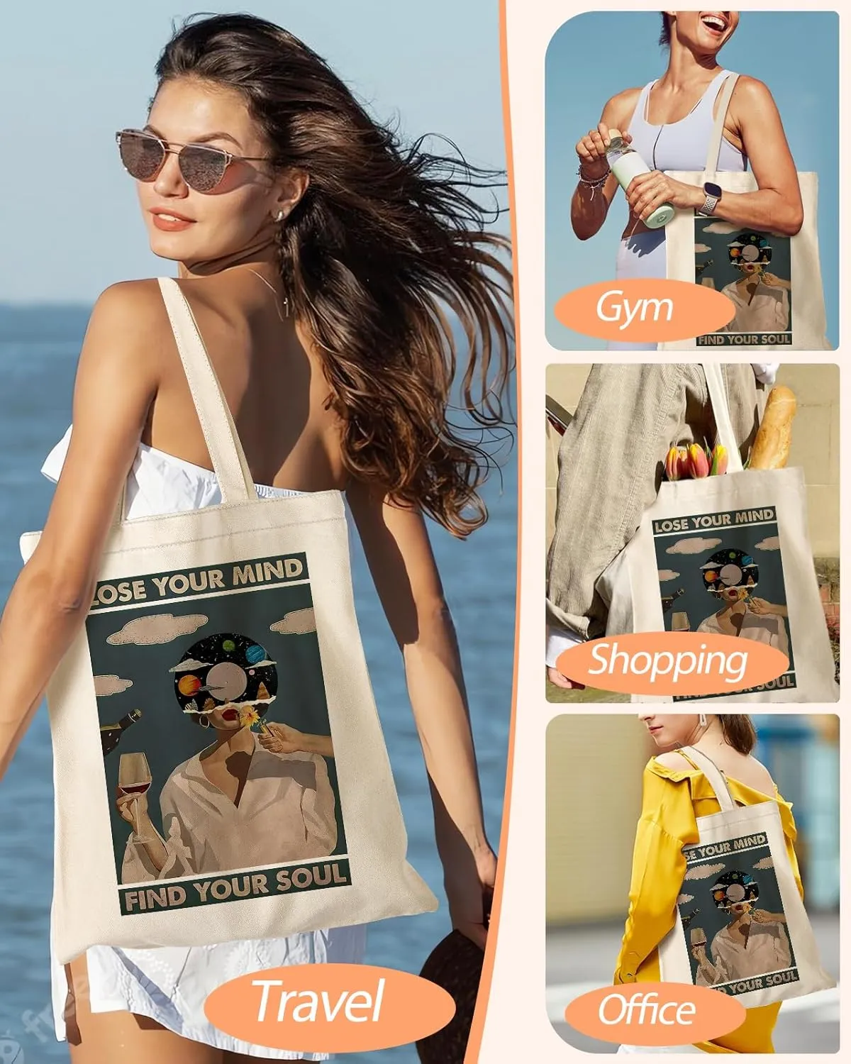 Aesthetic Canvas Tote Bag with Inner Pocket for Women, Cloth Cotton Totes Bag with Pattern for Shopping, Gym