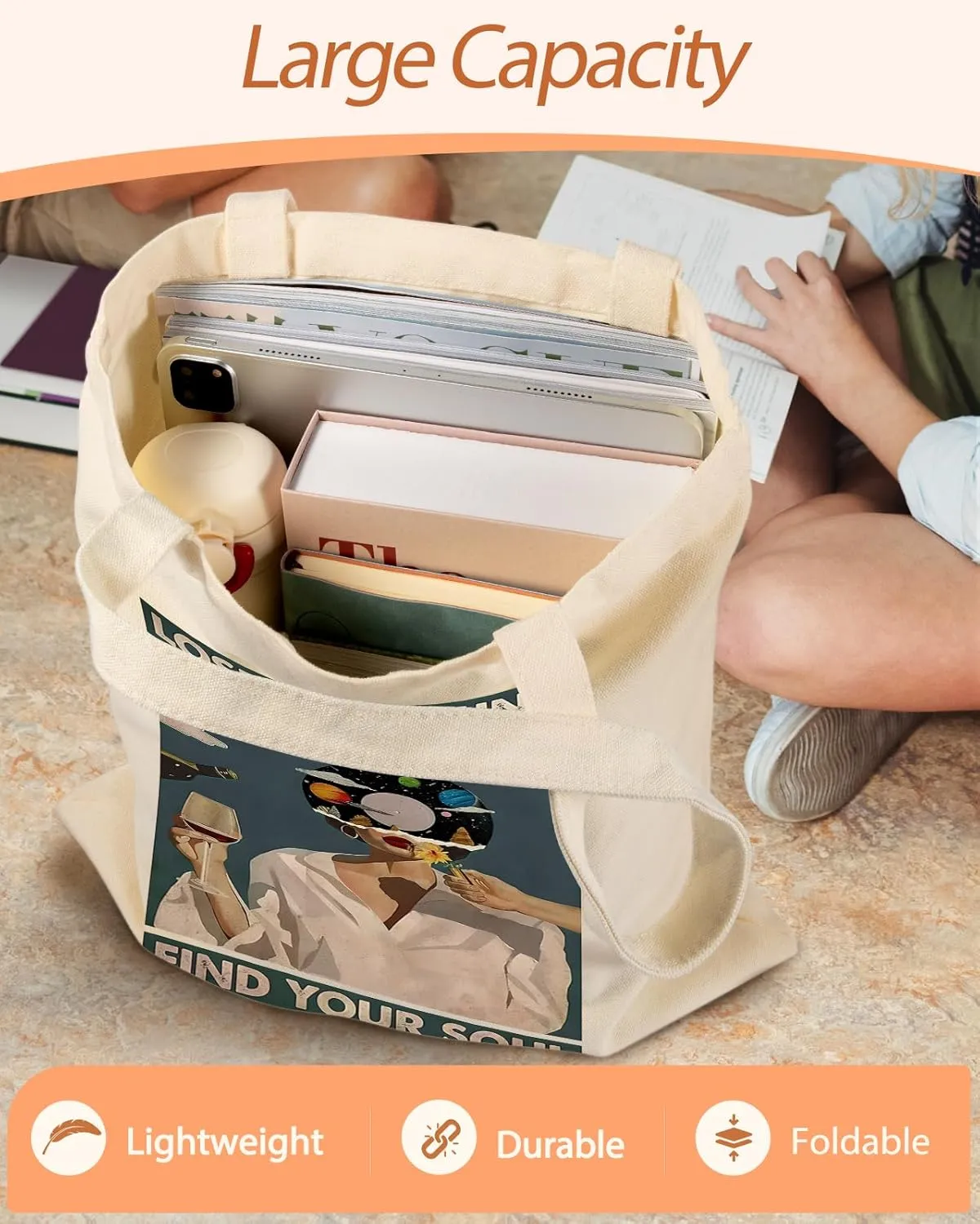 Aesthetic Canvas Tote Bag with Inner Pocket for Women, Cloth Cotton Totes Bag with Pattern for Shopping, Gym