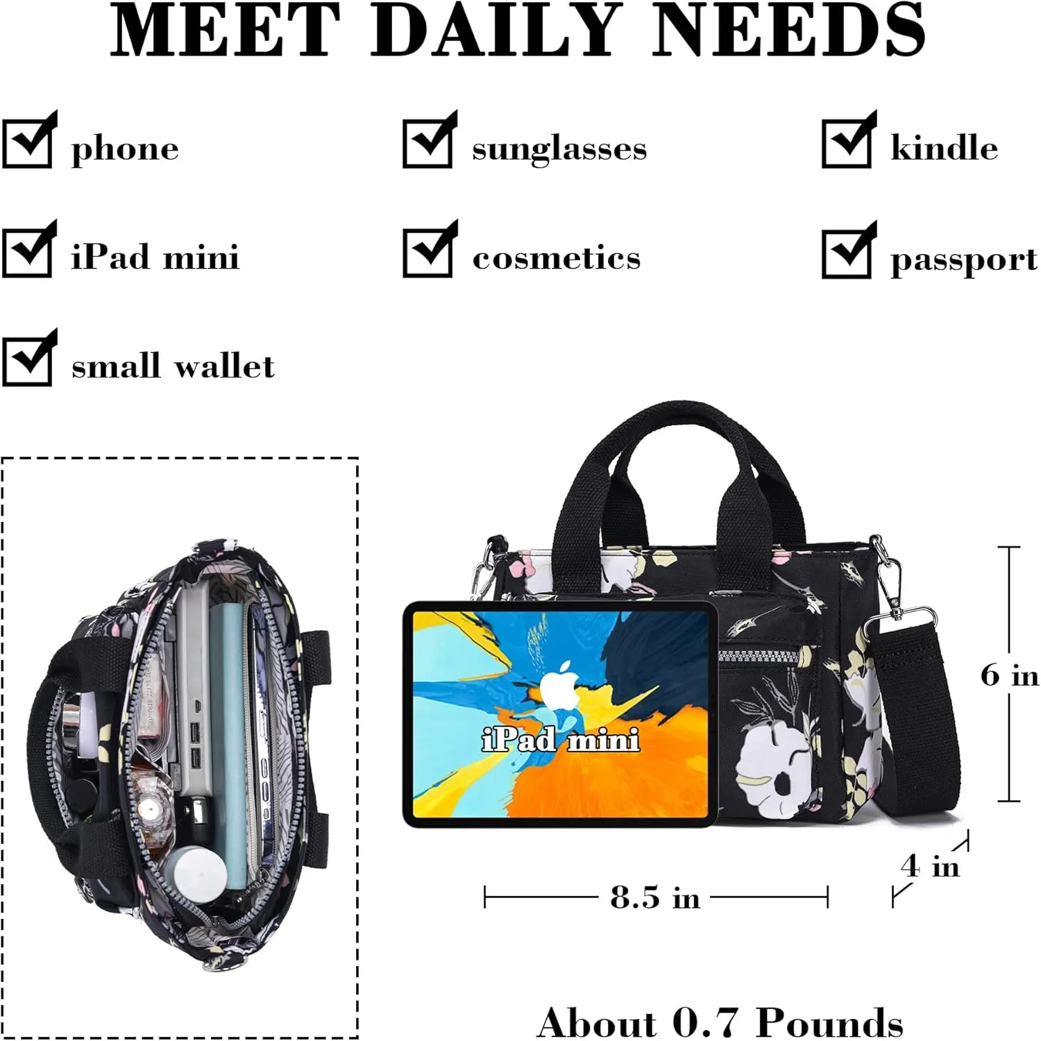 AOCINA Mini Tote Bag with Multi Pockets Small Crossbody Bags for Women Nylon Printed Shoulder Bag