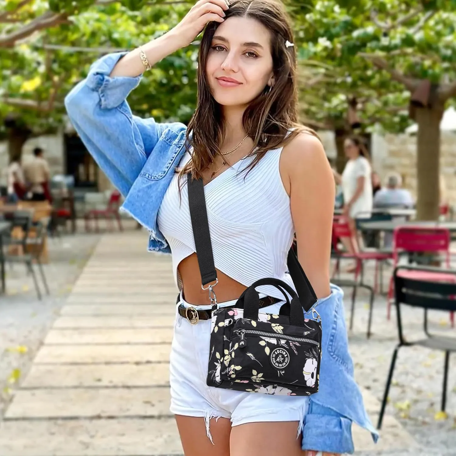 AOCINA Mini Tote Bag with Multi Pockets Small Crossbody Bags for Women Nylon Printed Shoulder Bag