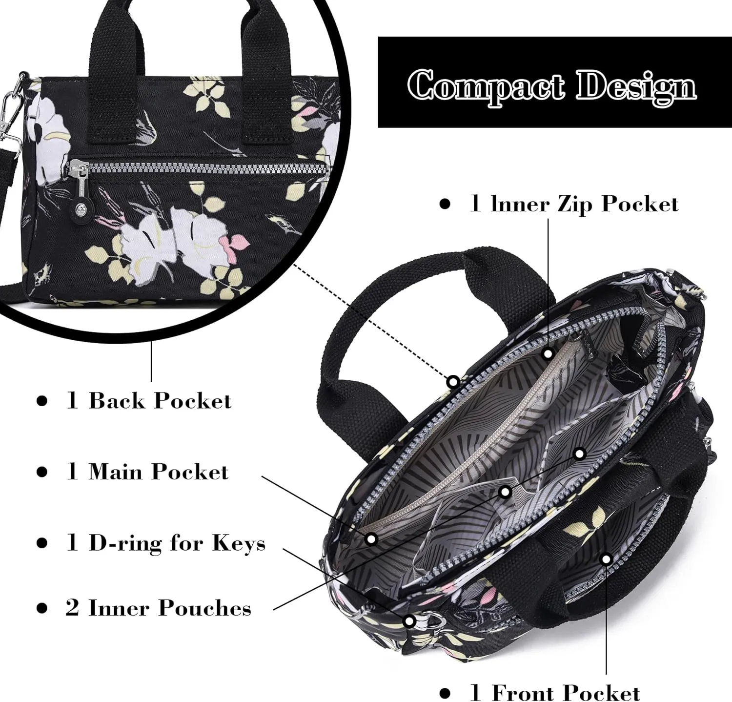 AOCINA Mini Tote Bag with Multi Pockets Small Crossbody Bags for Women Nylon Printed Shoulder Bag