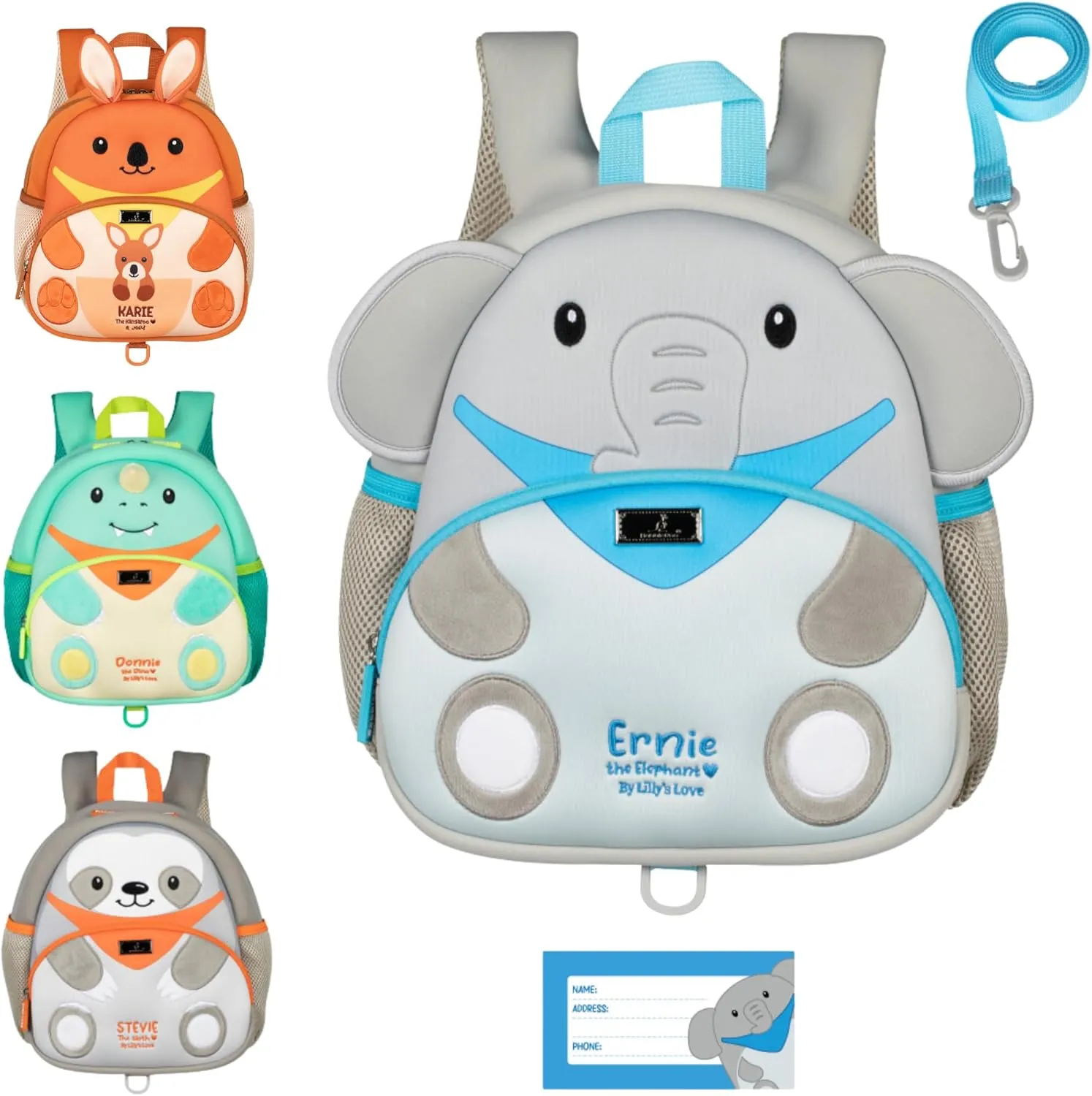 BabbleRoo Toddler Backpack, Kids Backpack - Light & Comfortable, Water Resistant Neoprene, Bag Leash for Toddlers 1-3, Reflective Strips for Visibility, Animal Bag, Ernie the Elephant