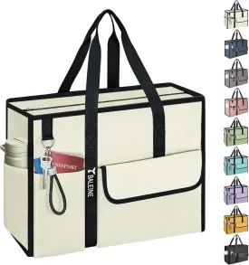 BALEINE Large Utility Tote Bag with Reinforced Bottom, Multi Pockets Foldable Tote Bag for Nurse, Travel, Work