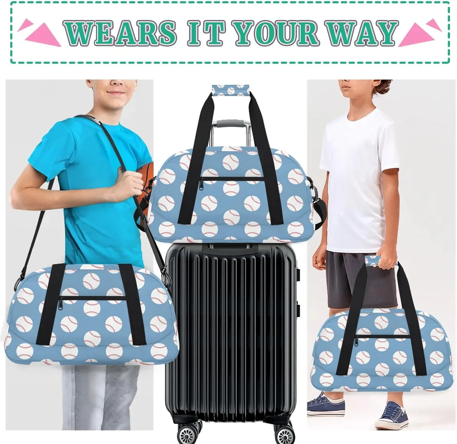 Baseball Blue 18 inch Small Gym Bag for Women and Men, Lightweight Carry On Weekender Bag Mini Duffel Bag for Travel Sports Workout