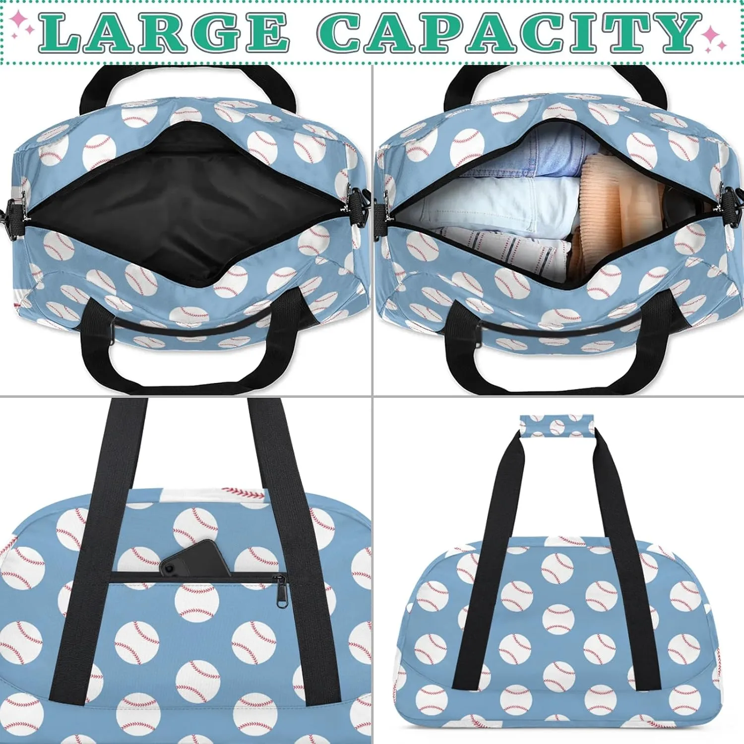 Baseball Blue 18 inch Small Gym Bag for Women and Men, Lightweight Carry On Weekender Bag Mini Duffel Bag for Travel Sports Workout