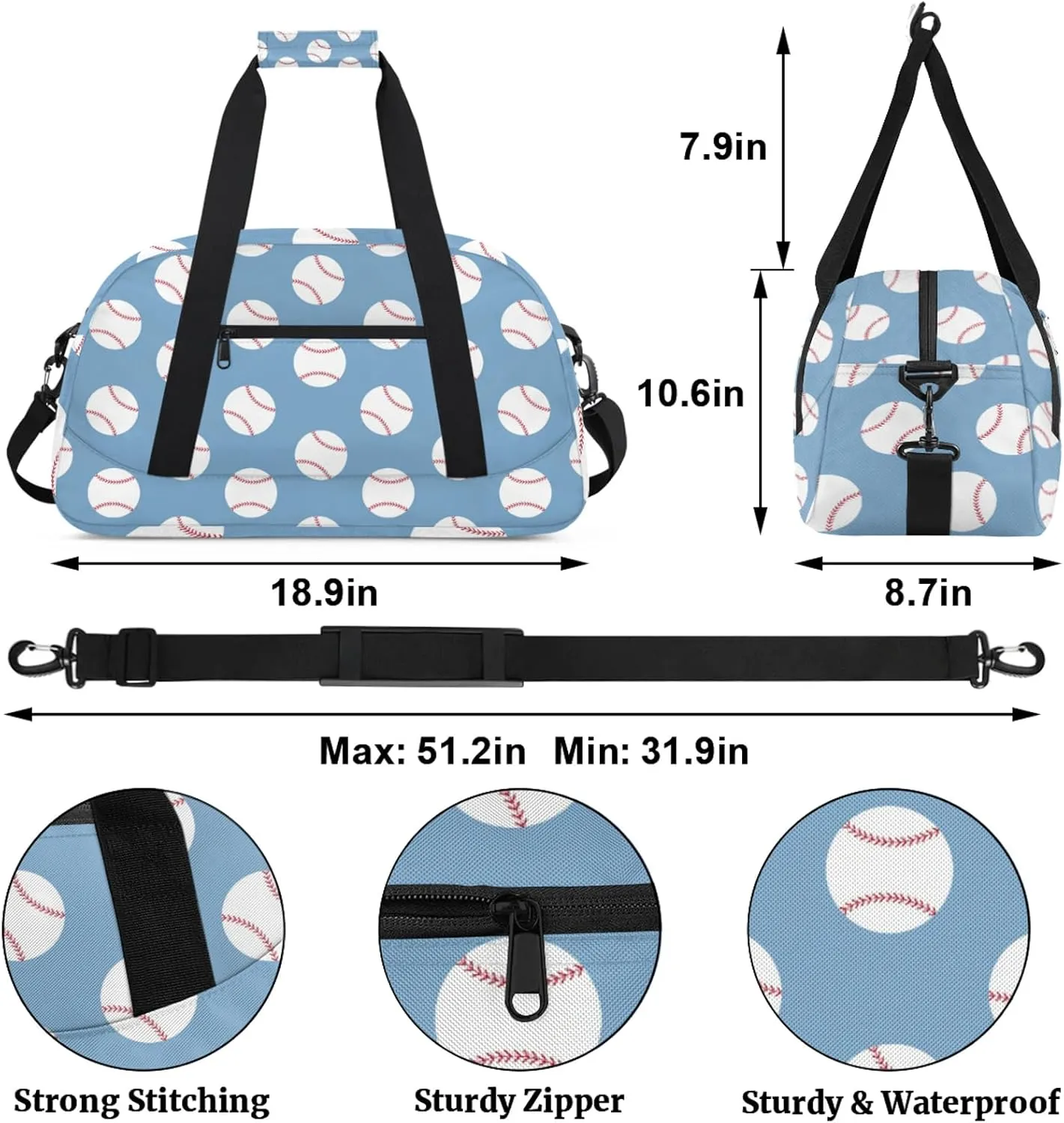 Baseball Blue 18 inch Small Gym Bag for Women and Men, Lightweight Carry On Weekender Bag Mini Duffel Bag for Travel Sports Workout