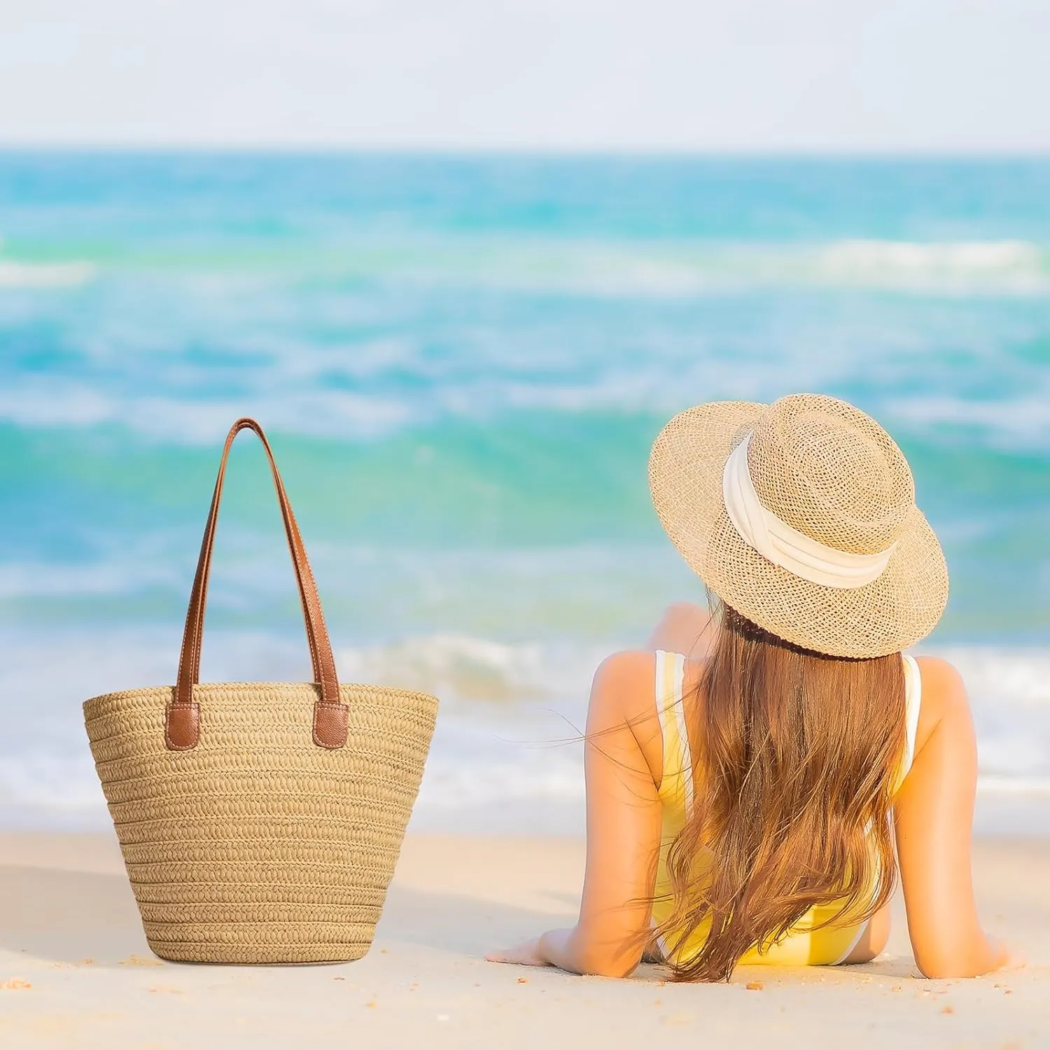 Beach Bags for Women, Large Beach Bag, Woven Straw Tote Bags Waterproof, Weaving Swim Shopping Travel Bag