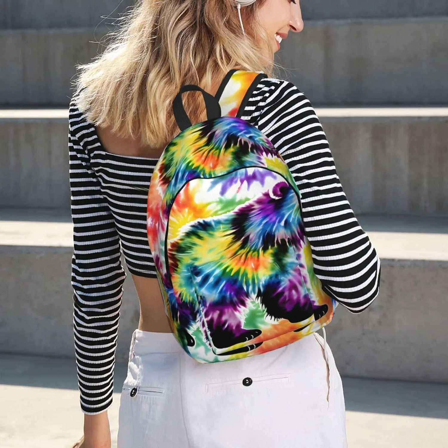 Bear Dancing Tie Dye Print Canvas Backpack Women,Mens Travel Casual Daypack Bookbag For Laptop Work Travel Hiking