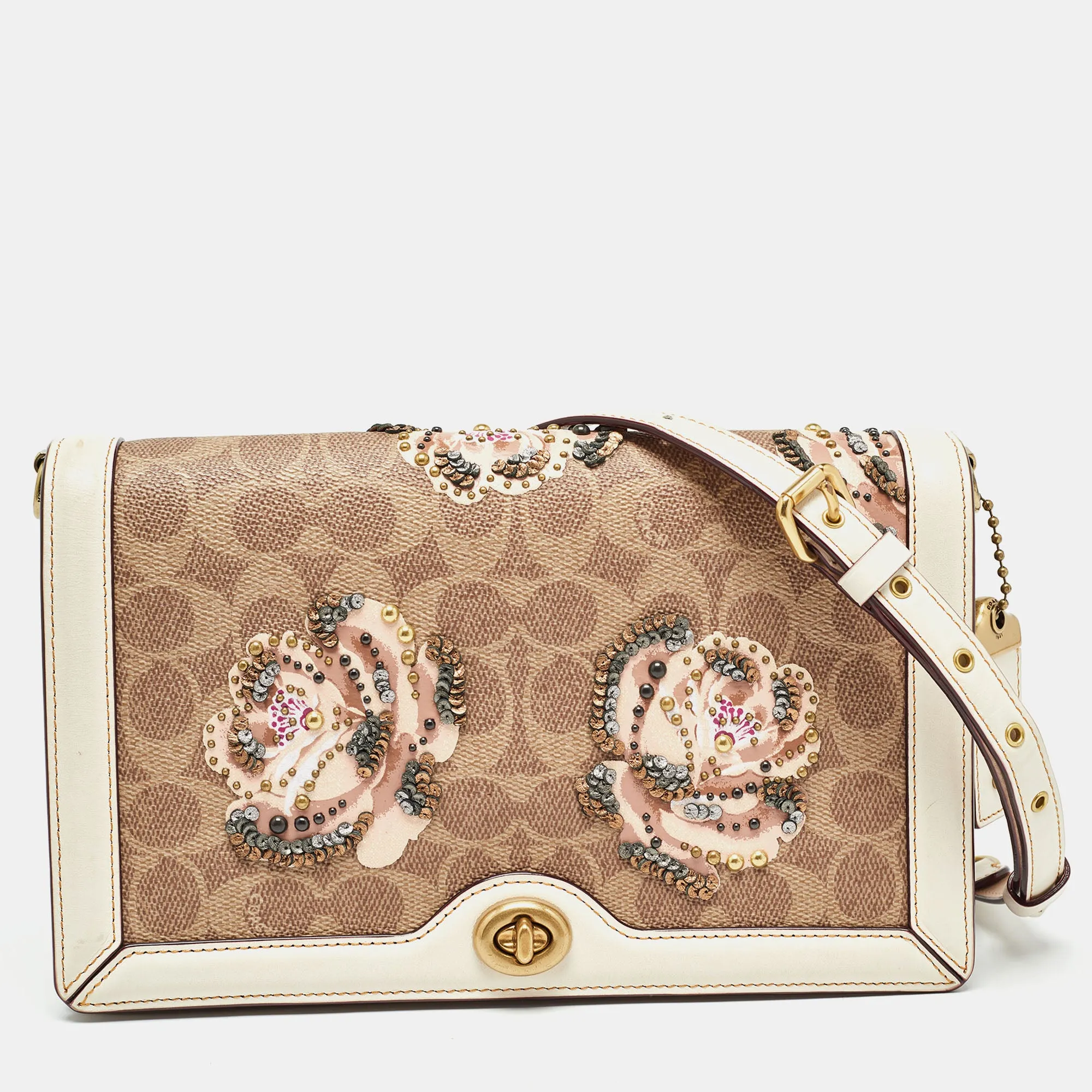 Beoge/Old Rose Signature Coated Canvas and Leather Rose Embellished Riley Crossbody Bag