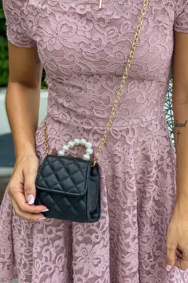 Black Faux Pearls Handle Clutch