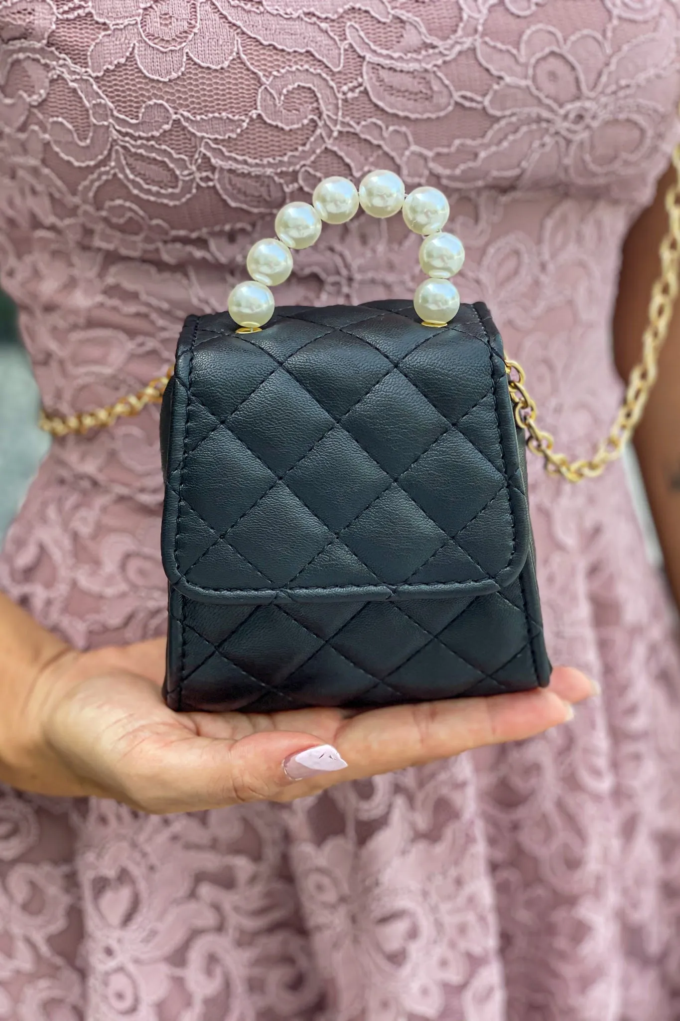 Black Faux Pearls Handle Clutch