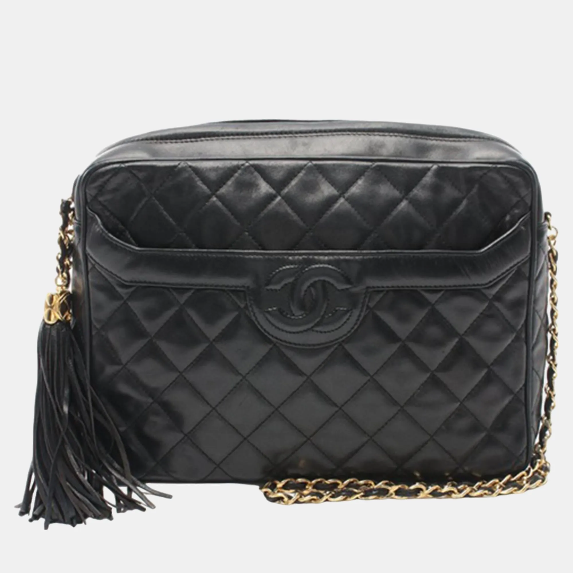 Black Leather CC Quilted Tassel Crossbody Bag