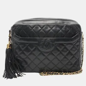 Black Leather CC Quilted Tassel Crossbody Bag