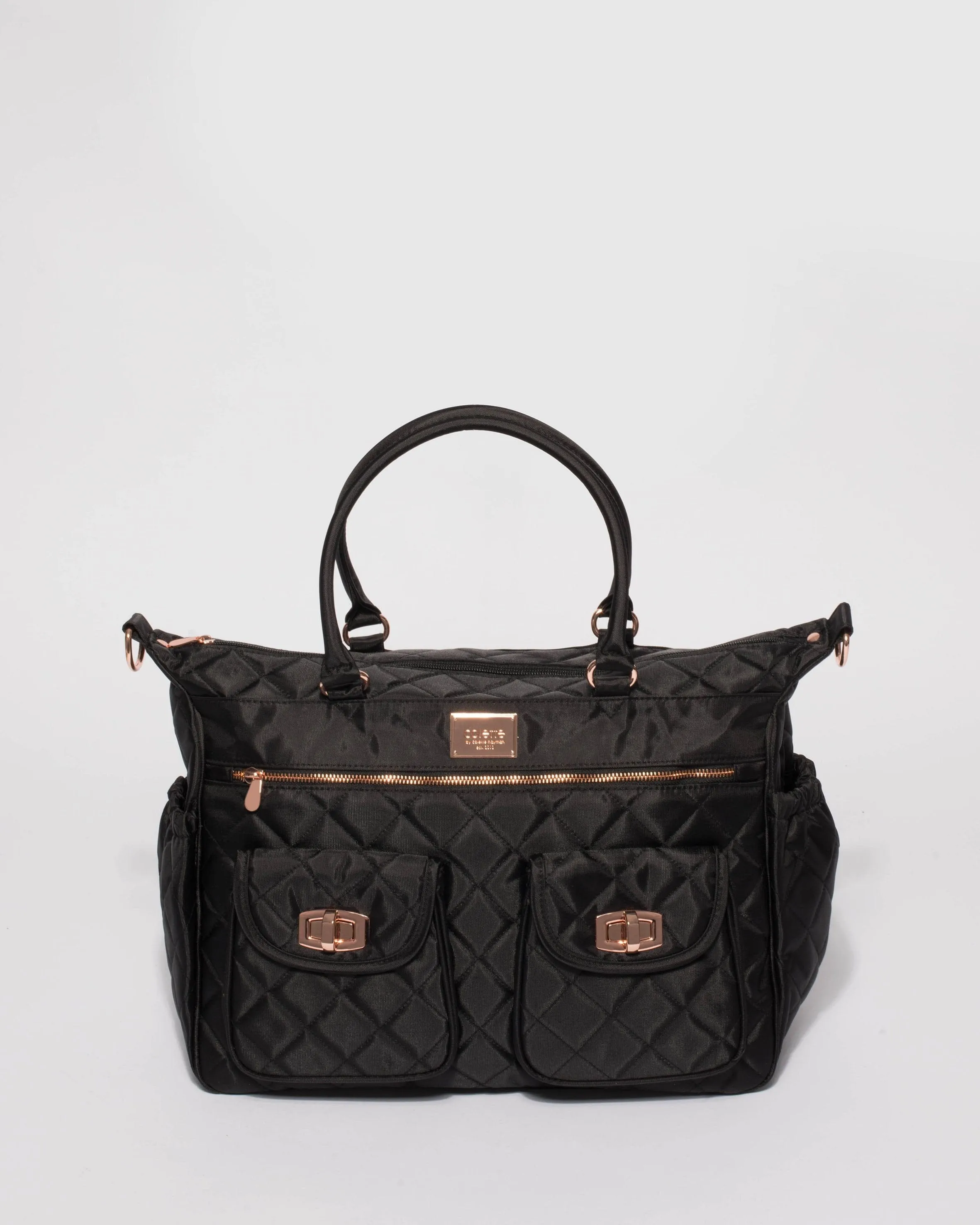 Black Quilted Travel Baby Bag With Rose Gold Hardware