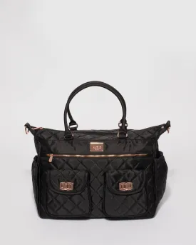 Black Quilted Travel Baby Bag With Rose Gold Hardware