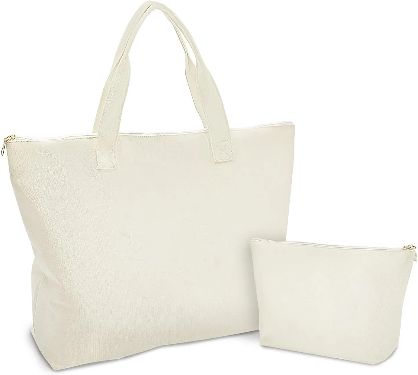 Blank Canvas Bags with Inner Pocket,Top Zipper Closure,Reusable Grocery Shopping Bag with Make Up Bag,DIY Gifts Tote Bag for Women Friends White