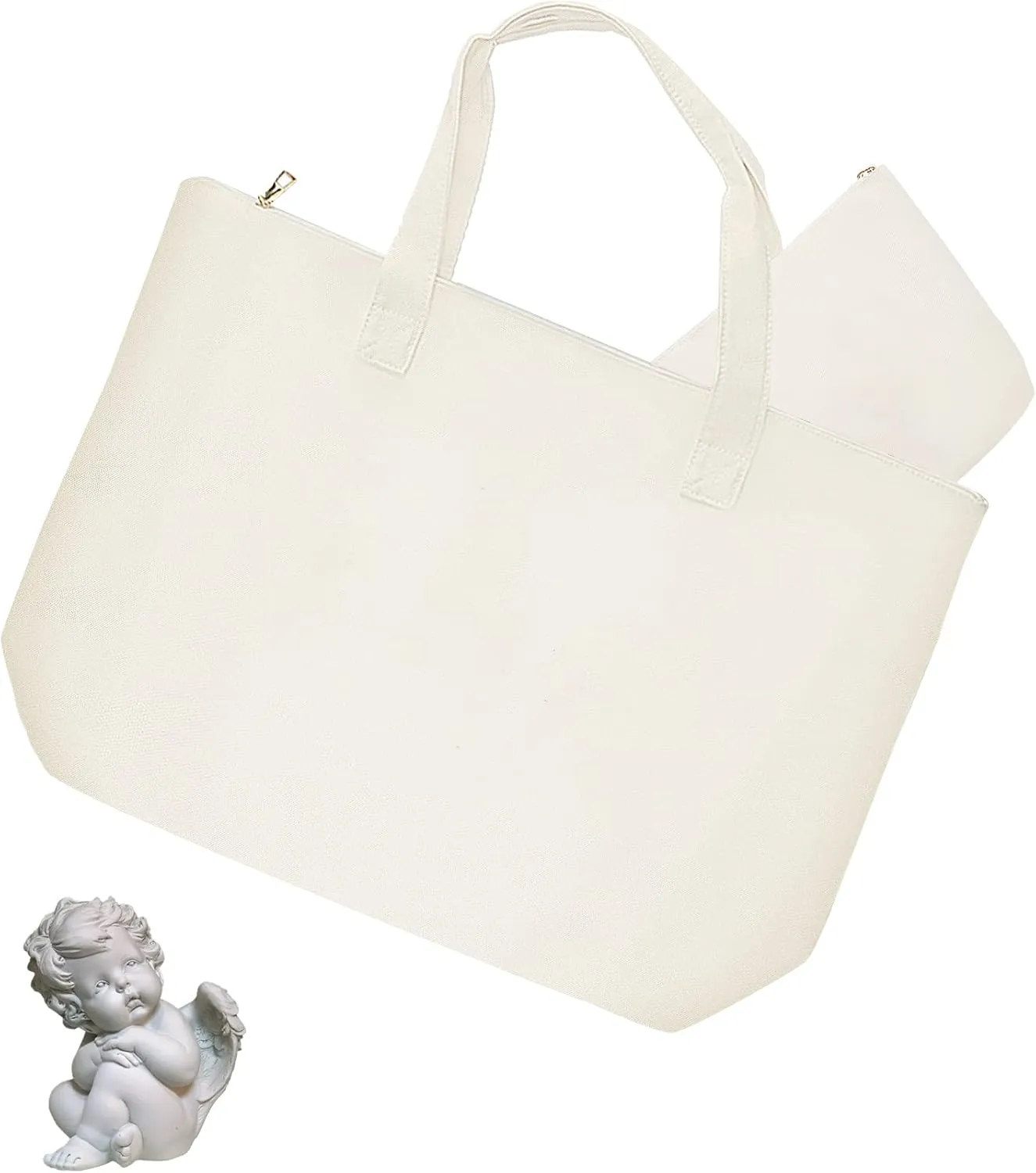Blank Canvas Bags with Inner Pocket,Top Zipper Closure,Reusable Grocery Shopping Bag with Make Up Bag,DIY Gifts Tote Bag for Women Friends White