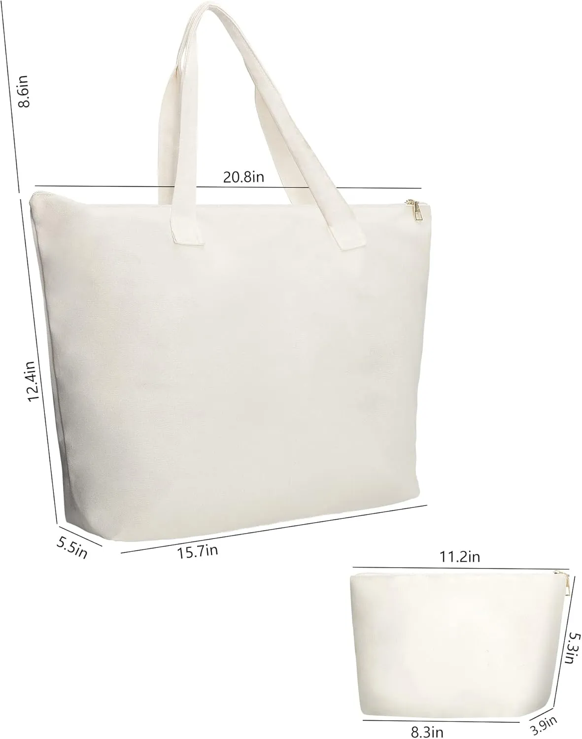 Blank Canvas Bags with Inner Pocket,Top Zipper Closure,Reusable Grocery Shopping Bag with Make Up Bag,DIY Gifts Tote Bag for Women Friends White