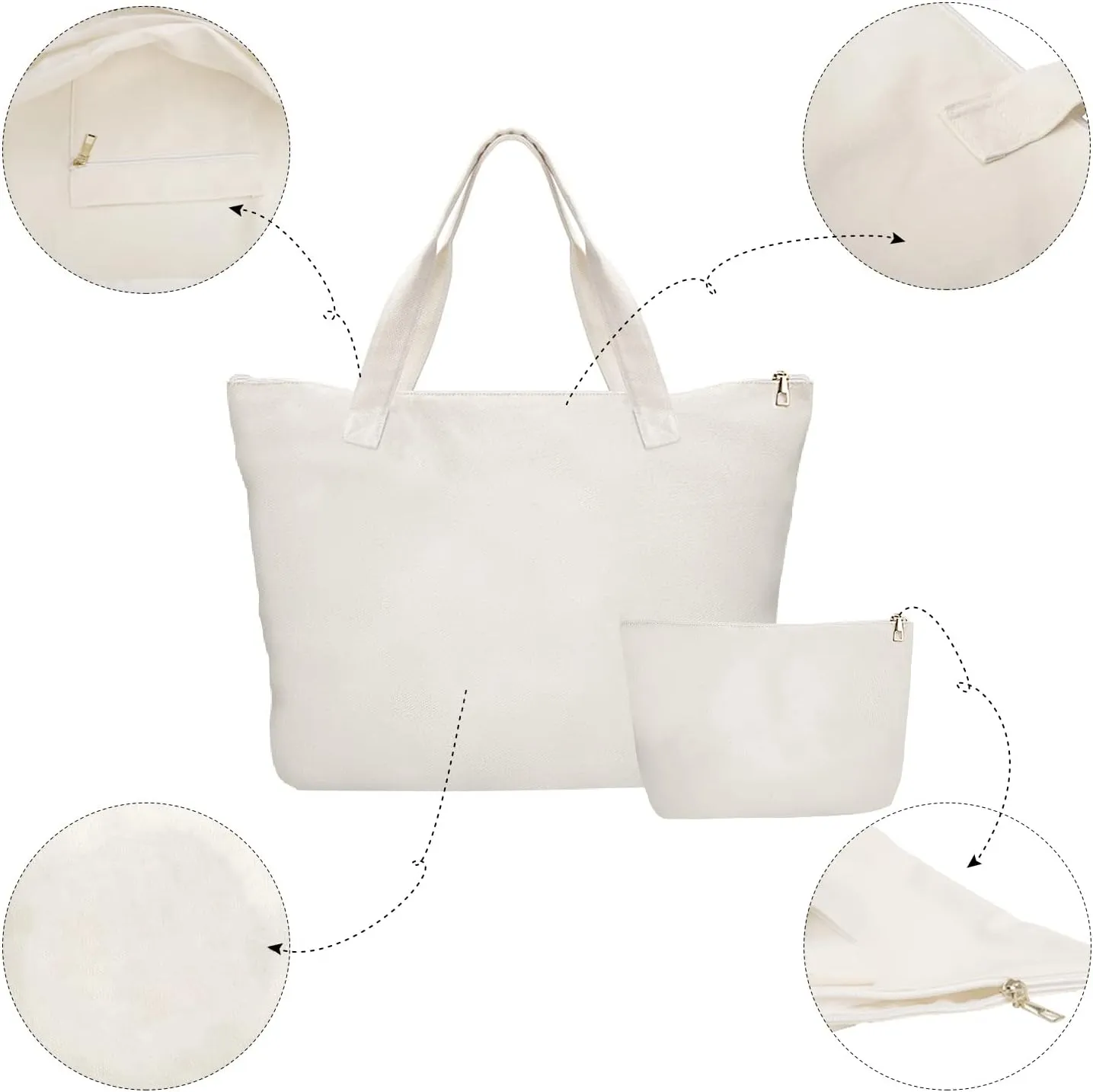 Blank Canvas Bags with Inner Pocket,Top Zipper Closure,Reusable Grocery Shopping Bag with Make Up Bag,DIY Gifts Tote Bag for Women Friends White