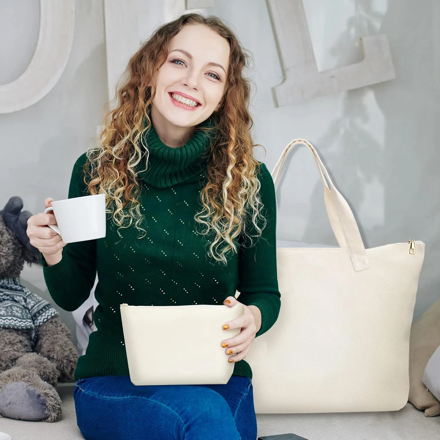 Blank Canvas Bags with Inner Pocket,Top Zipper Closure,Reusable Grocery Shopping Bag with Make Up Bag,DIY Gifts Tote Bag for Women Friends White