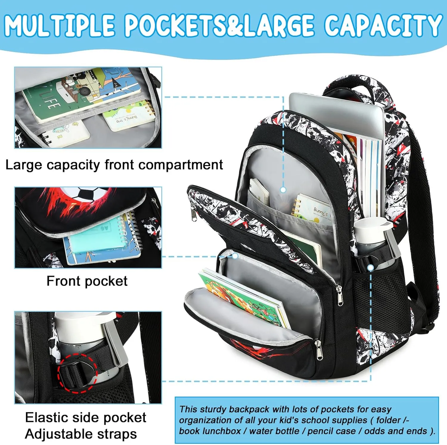 Bluboon Kids Backpack Boys Camo Bookbag Teens Elementary School Bag Daypack Travel Back Pack Middle school (Black White and Red Graffiti)