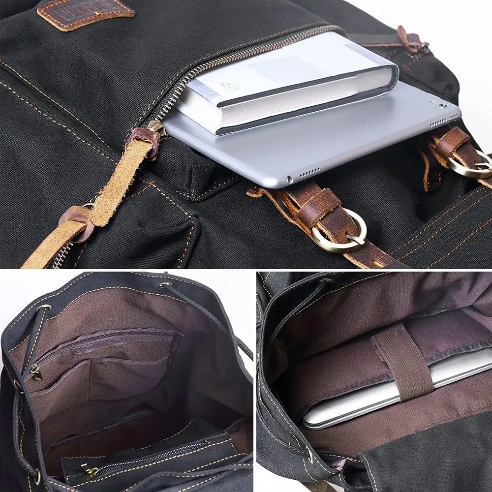 Bluboon Vintage Backpack Leather Trim Casual Bookbag Men Women Laptop Travel Rucksack