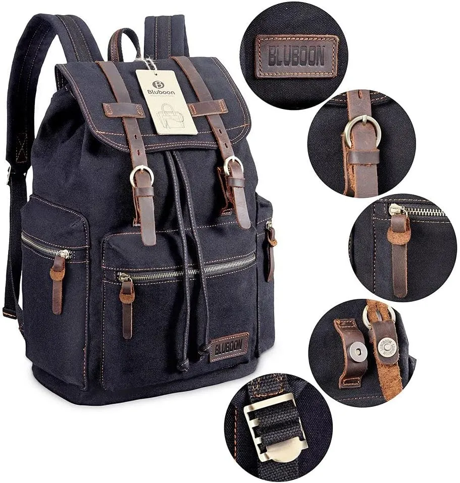 Bluboon Vintage Backpack Leather Trim Casual Bookbag Men Women Laptop Travel Rucksack