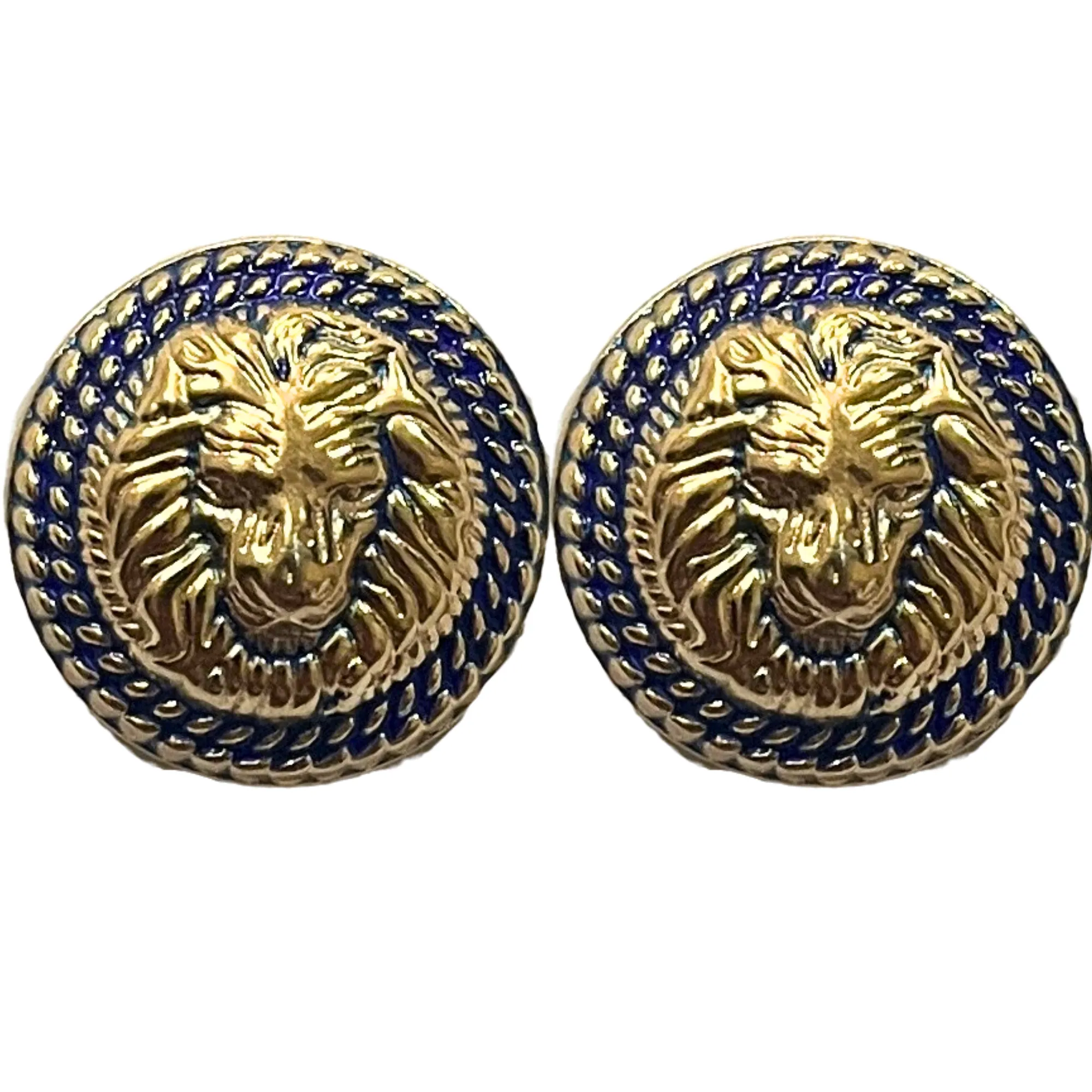 Blue & Golden Fearless Lion Face Shaped 1 Hole Designer Round Metal Buttons