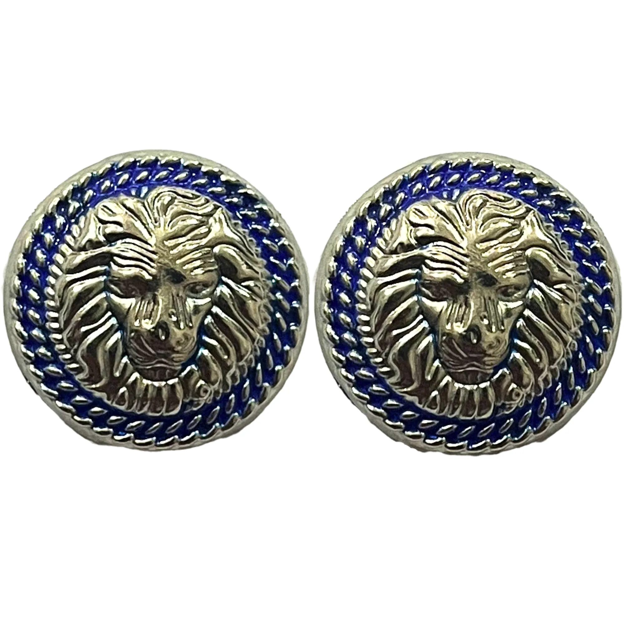 Blue & Silver Color Fearless Lion Face Shaped 1 Hole Round Metal Buttons