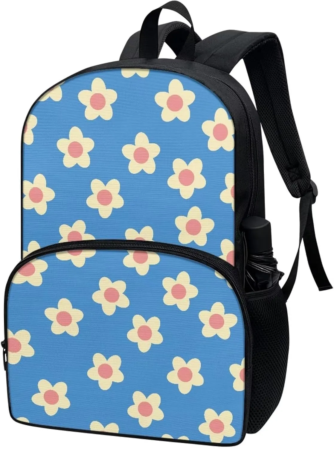 Blue Floral Backpacks for Girls Student Durable Lightweight Large Capacity 17 Inch Cute Elementary School Backpack Kids Double Zipper Bookbag Travel Daypack with Front Pocket