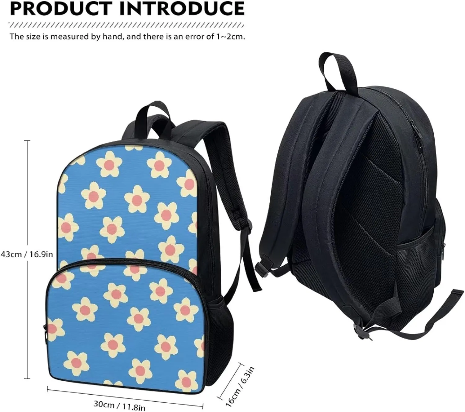 Blue Floral Backpacks for Girls Student Durable Lightweight Large Capacity 17 Inch Cute Elementary School Backpack Kids Double Zipper Bookbag Travel Daypack with Front Pocket