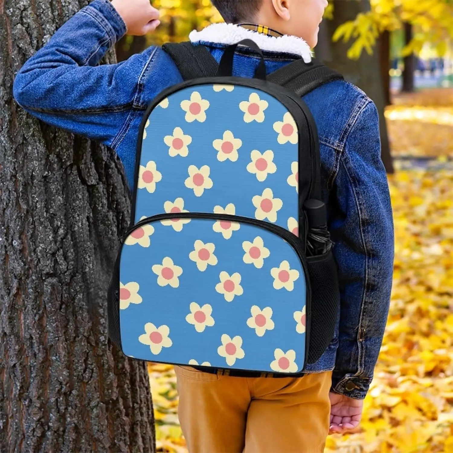 Blue Floral Backpacks for Girls Student Durable Lightweight Large Capacity 17 Inch Cute Elementary School Backpack Kids Double Zipper Bookbag Travel Daypack with Front Pocket