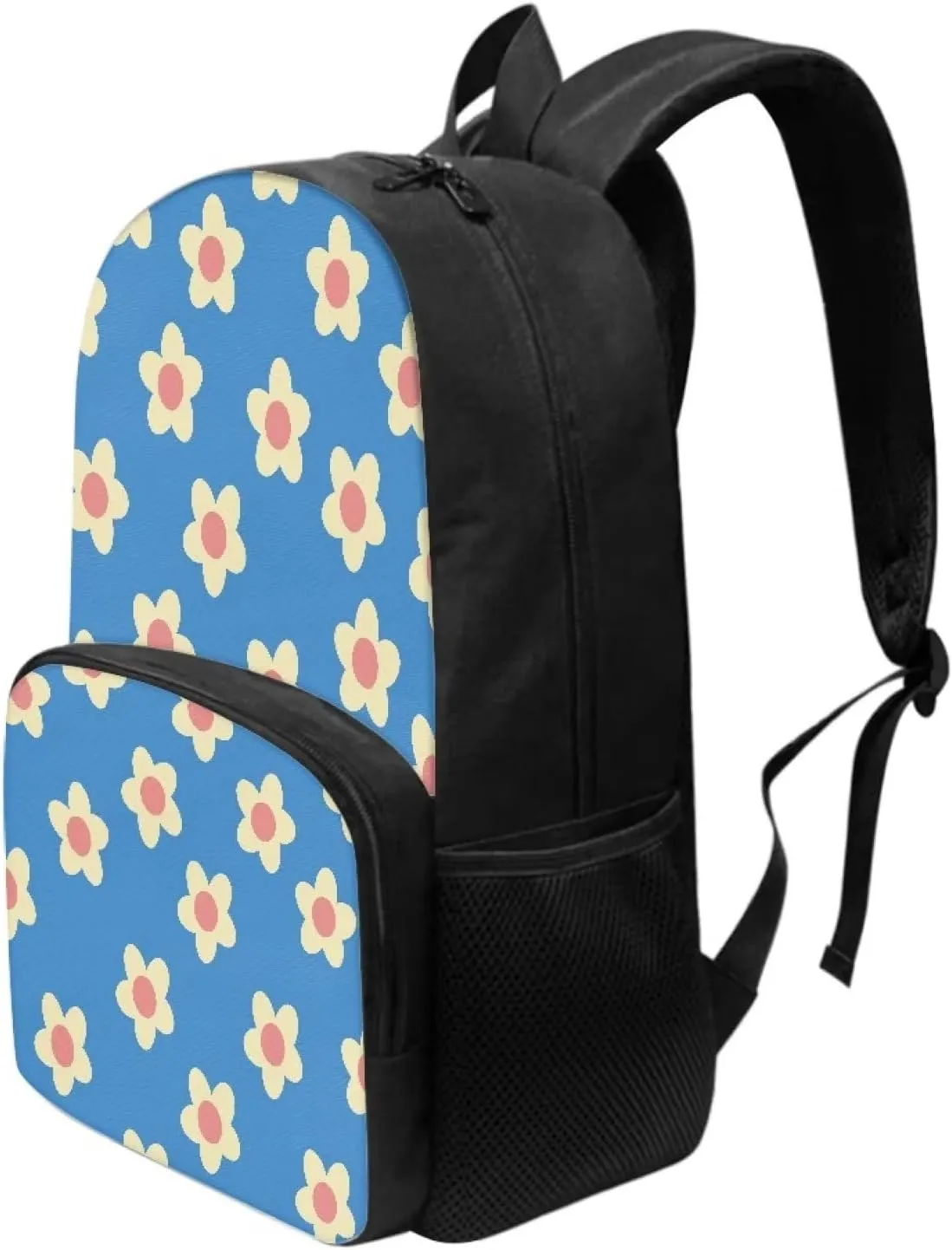 Blue Floral Backpacks for Girls Student Durable Lightweight Large Capacity 17 Inch Cute Elementary School Backpack Kids Double Zipper Bookbag Travel Daypack with Front Pocket