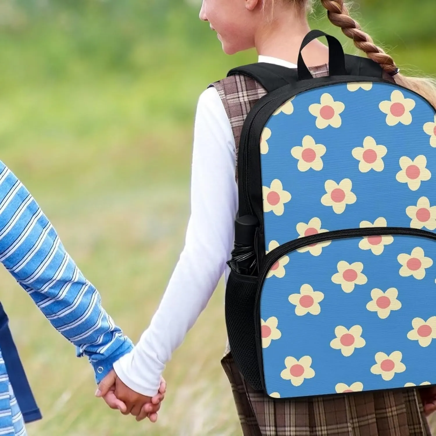 Blue Floral Backpacks for Girls Student Durable Lightweight Large Capacity 17 Inch Cute Elementary School Backpack Kids Double Zipper Bookbag Travel Daypack with Front Pocket