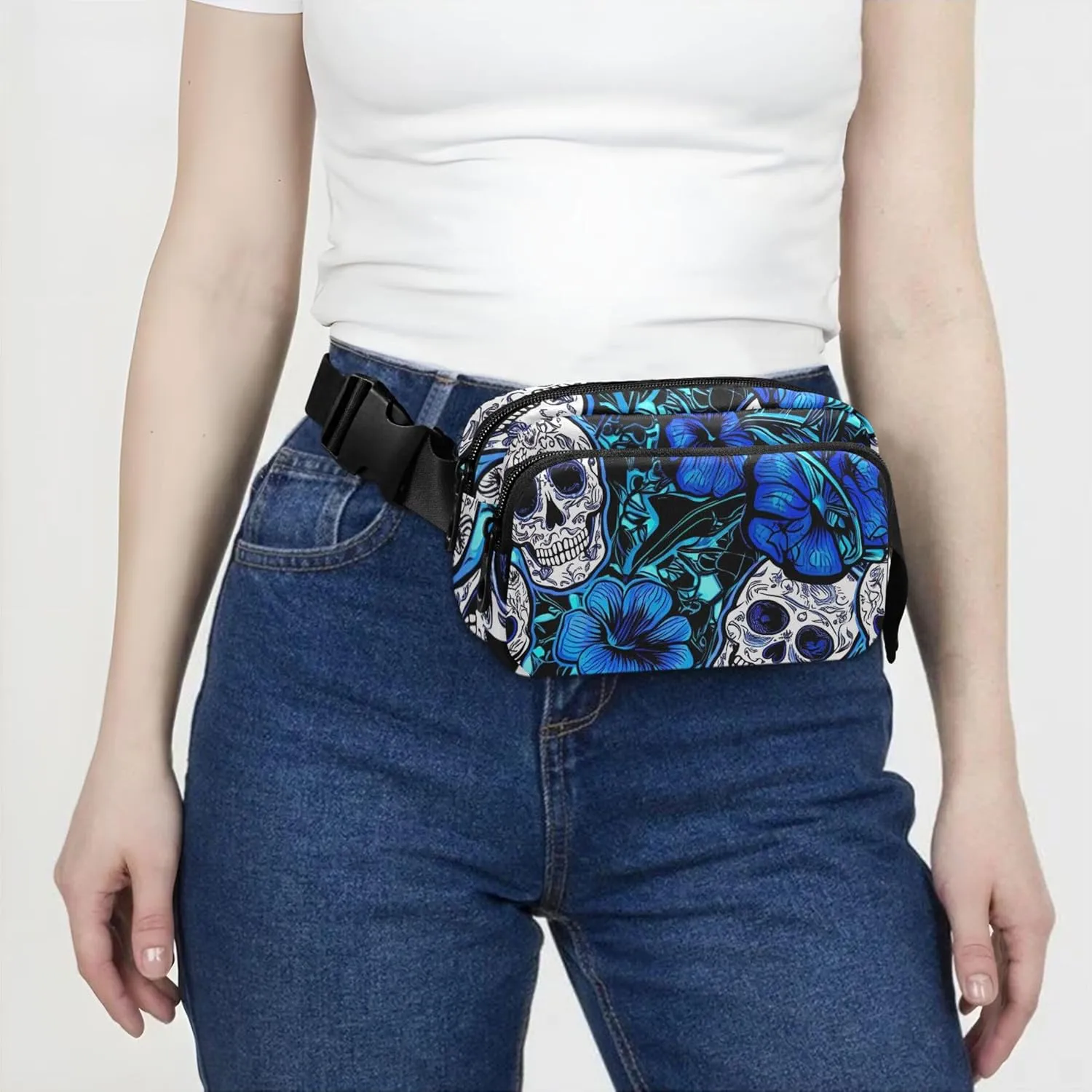 Blue Flowers Sugar Skulls Women Fanny Pack Hip Bag Belt Pouch Waterproof Fashion Waist Pack for Women
