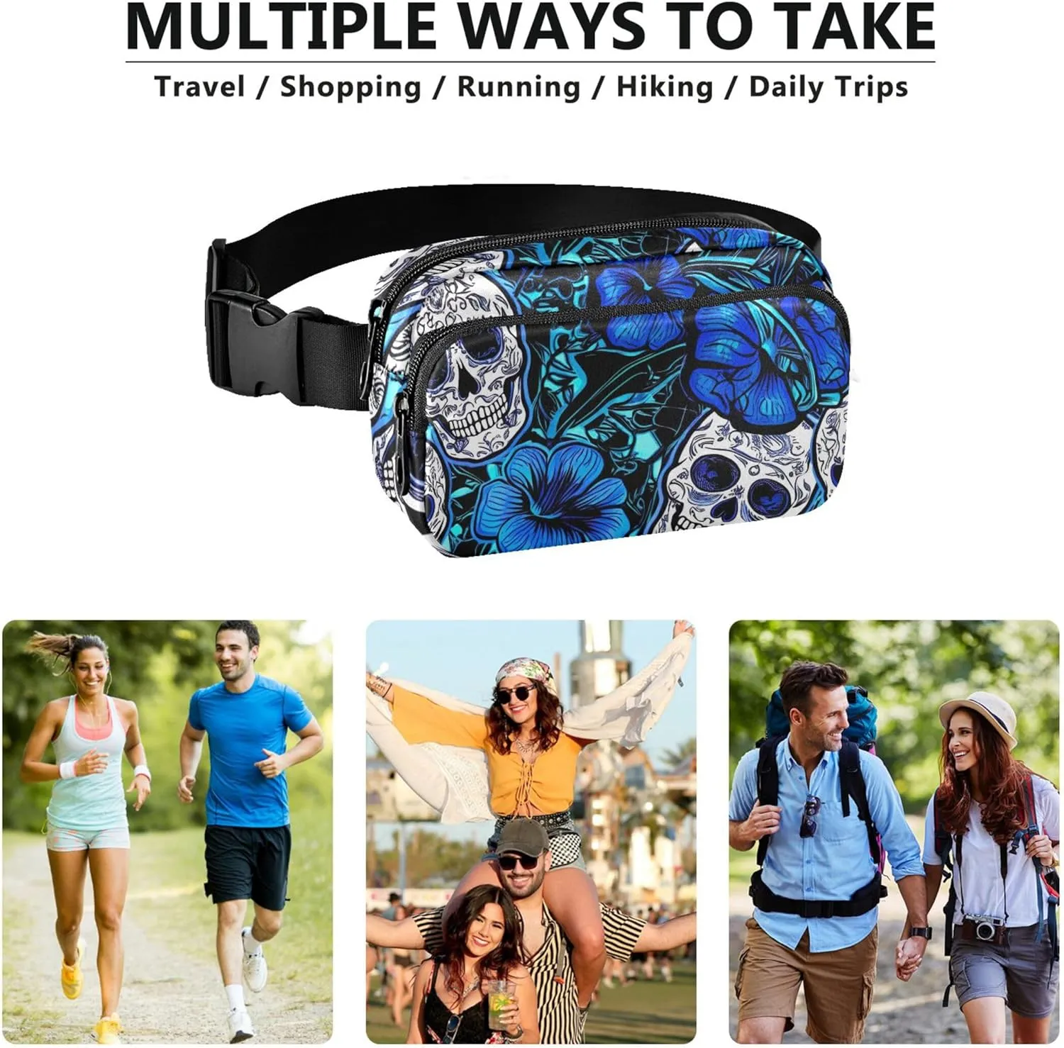 Blue Flowers Sugar Skulls Women Fanny Pack Hip Bag Belt Pouch Waterproof Fashion Waist Pack for Women