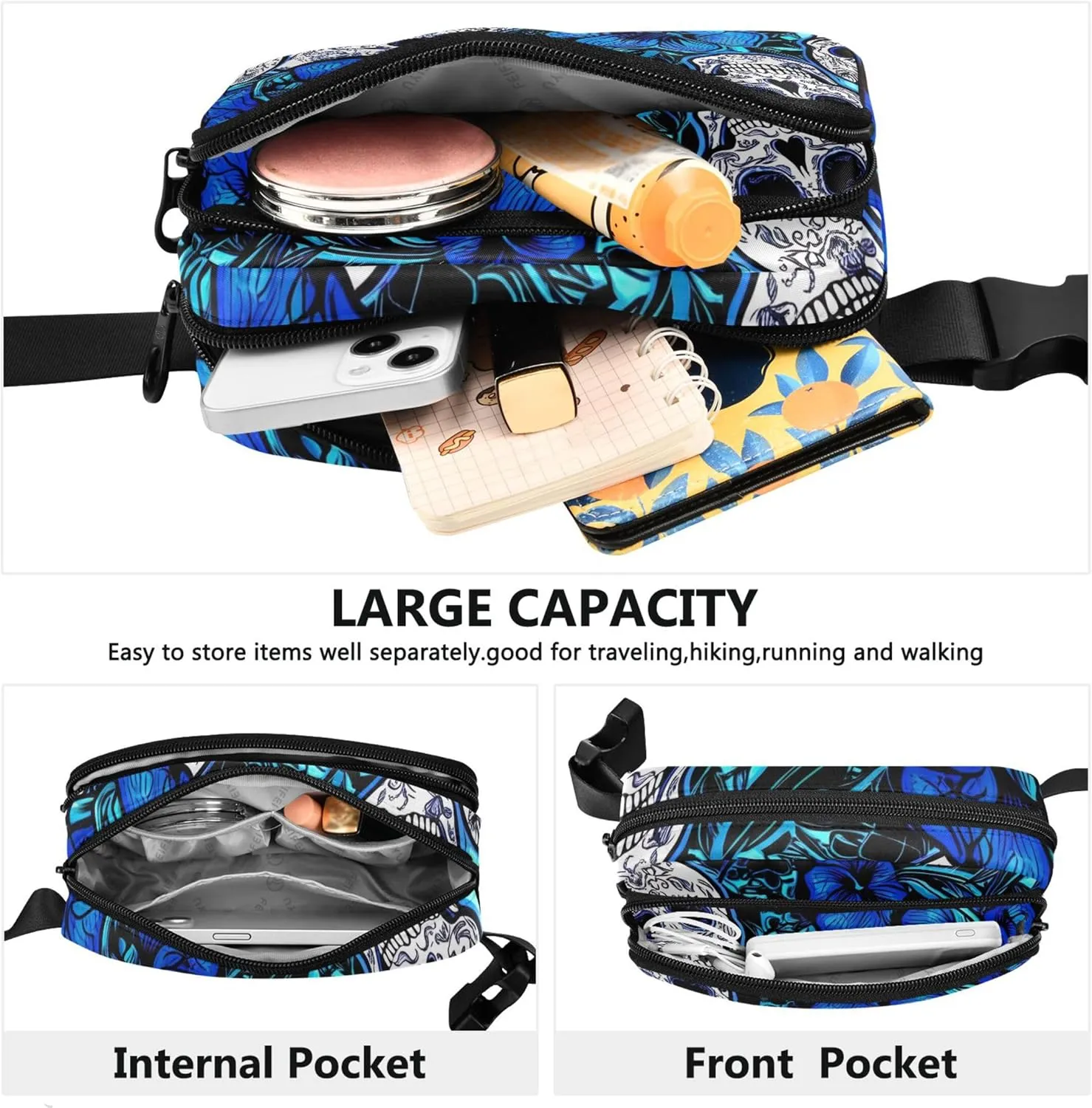 Blue Flowers Sugar Skulls Women Fanny Pack Hip Bag Belt Pouch Waterproof Fashion Waist Pack for Women