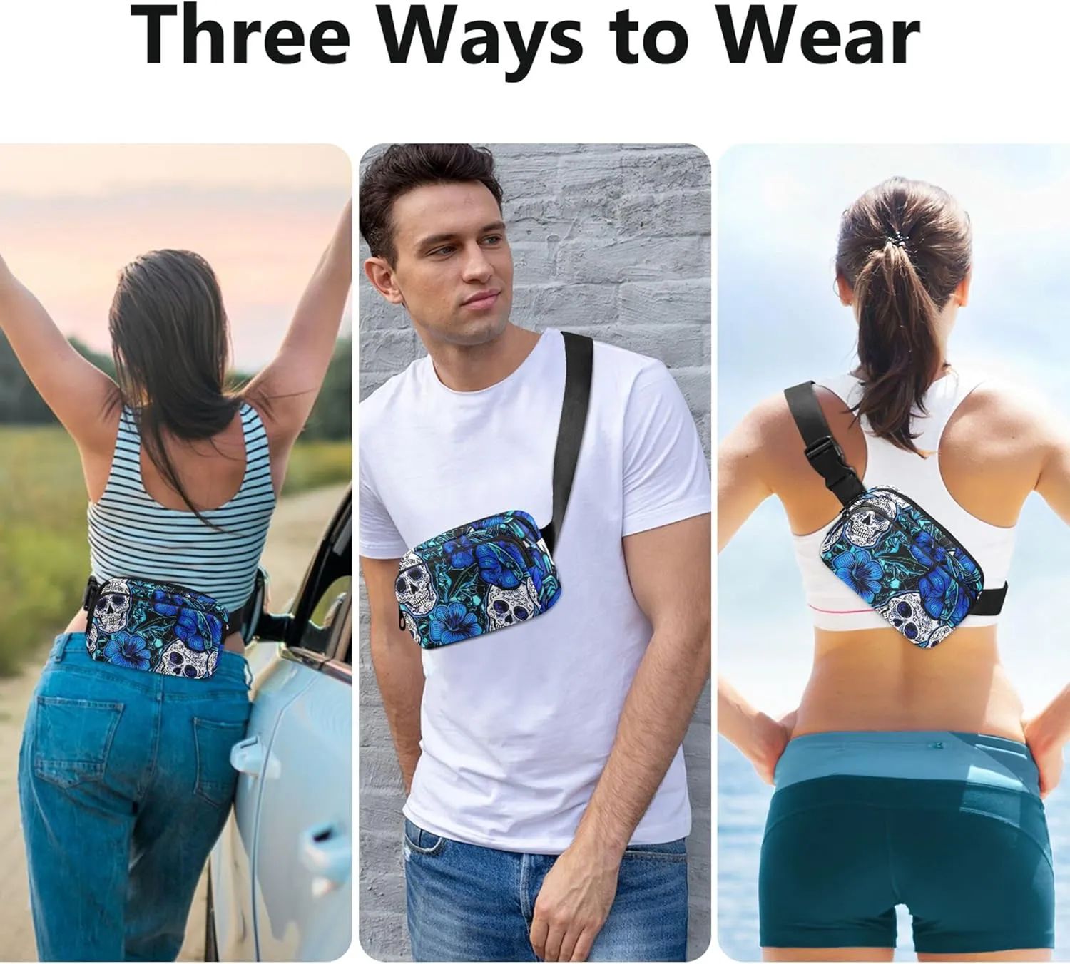 Blue Flowers Sugar Skulls Women Fanny Pack Hip Bag Belt Pouch Waterproof Fashion Waist Pack for Women