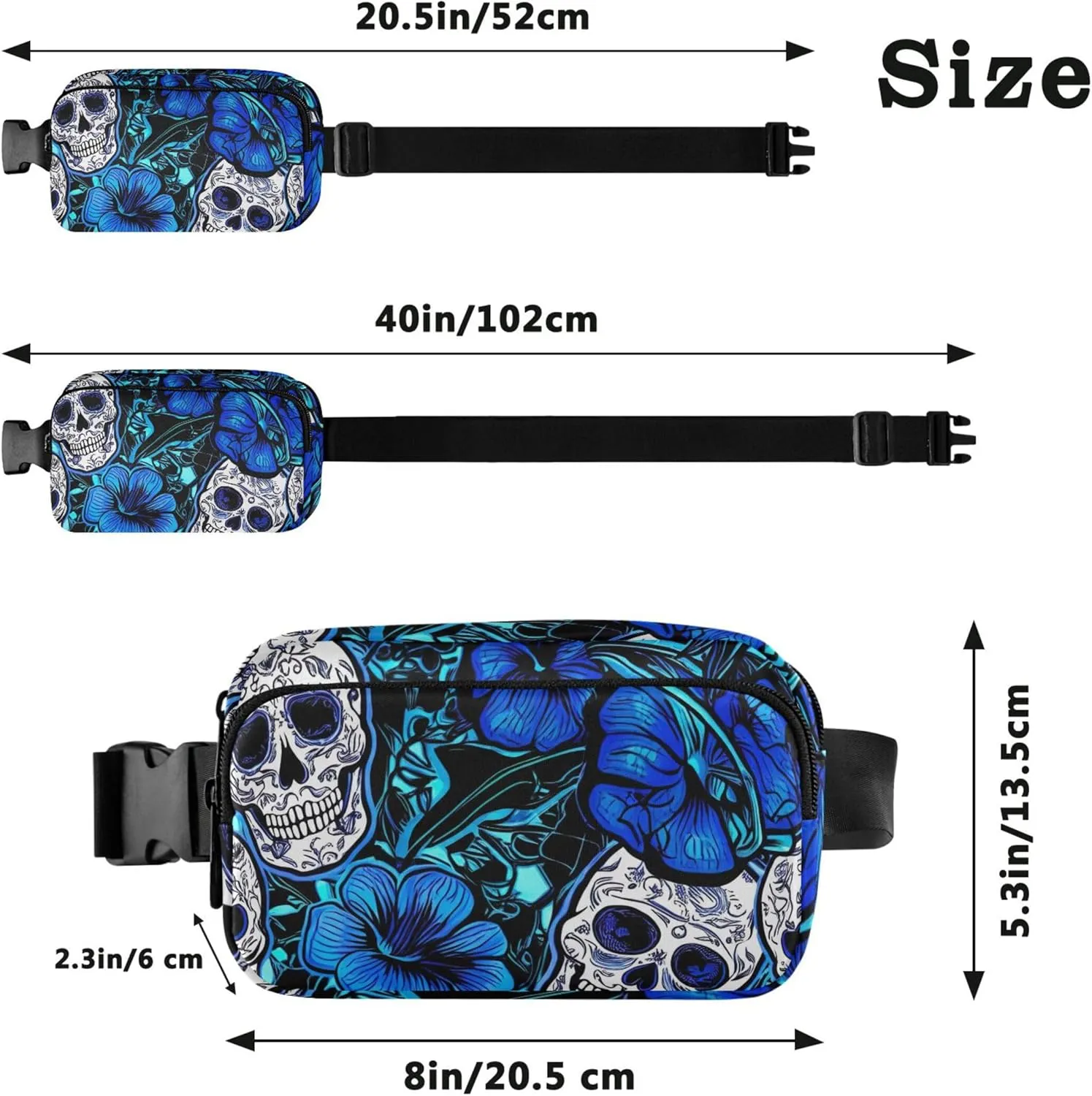 Blue Flowers Sugar Skulls Women Fanny Pack Hip Bag Belt Pouch Waterproof Fashion Waist Pack for Women
