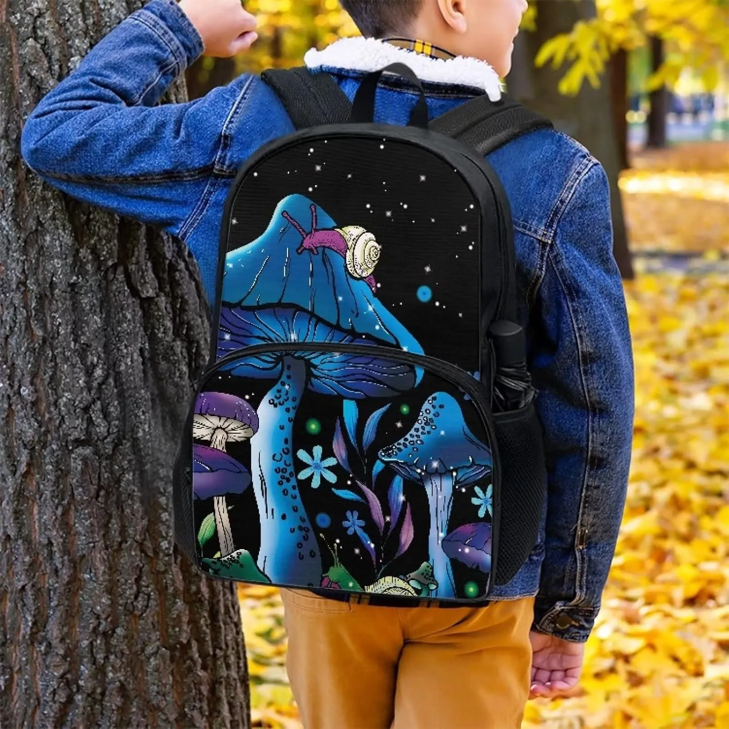 Blue Mushroom Snails School Backpacks 17 Inch Large Capacity Kids Teenagers Schoolbags Bookbags Starry Night Casual Travel Daypack with Zipper