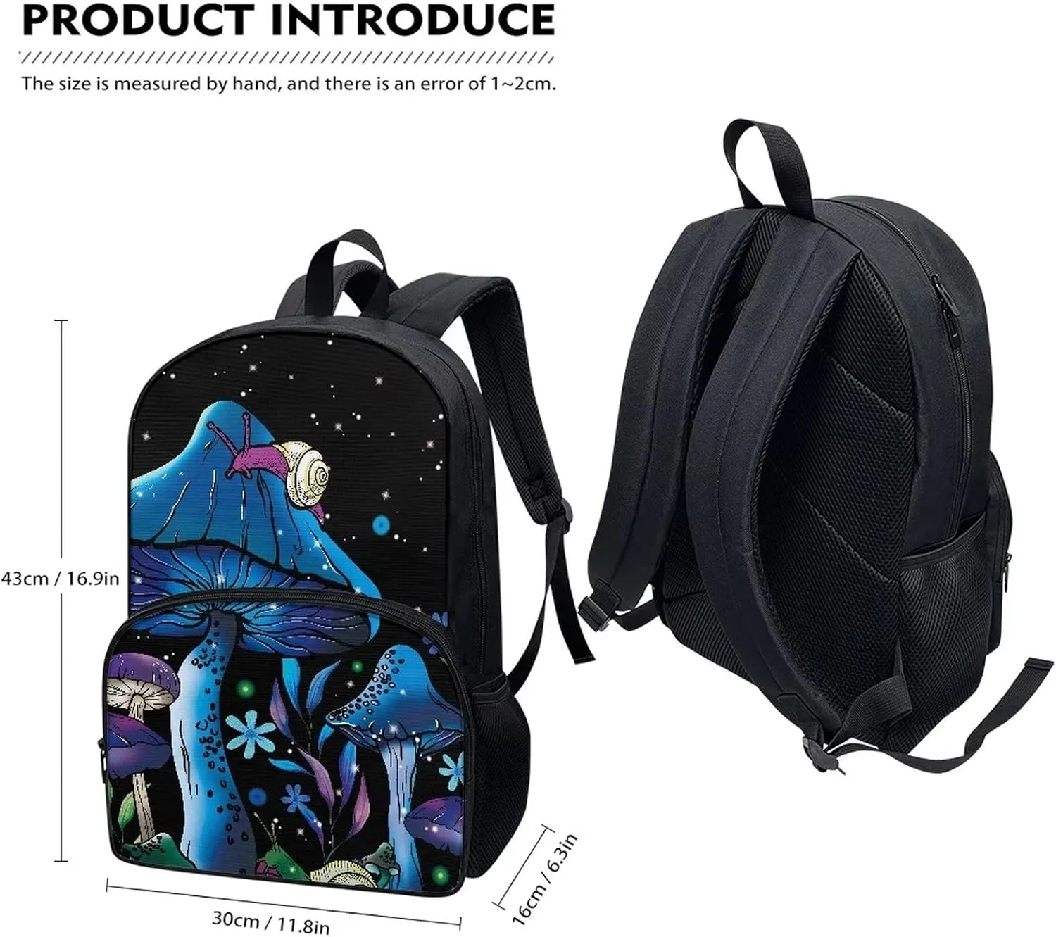 Blue Mushroom Snails School Backpacks 17 Inch Large Capacity Kids Teenagers Schoolbags Bookbags Starry Night Casual Travel Daypack with Zipper