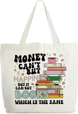 Bookworm Totes for Women, Money Can't Buy Happiness But It Can Buy Books Canvas Tote, Book Lover Gifts, Bookish Library Book Bag, Reading Shoulder Bag Gifts for Book Lovers Librarian -51